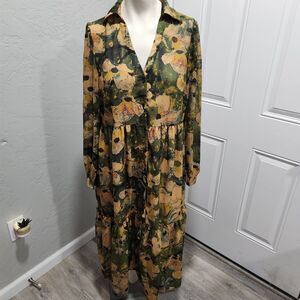 Sunday Up Oversize Tiered Button Down Lagenlook Dress Womens SZ Large Goblincore